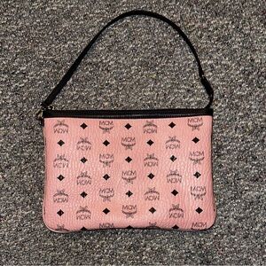 MCM Pink Monogram Clutch with dark navy  Accents